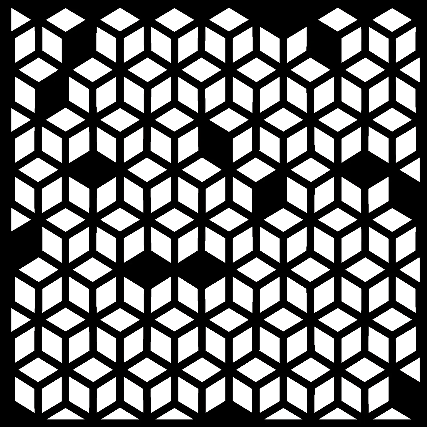 A black and white geometric pattern creating an optical illusion of 3D tumbling blocks. The continuous grid of cubes is interrupted by irregular, solid black areas where some blocks appear to be missing.